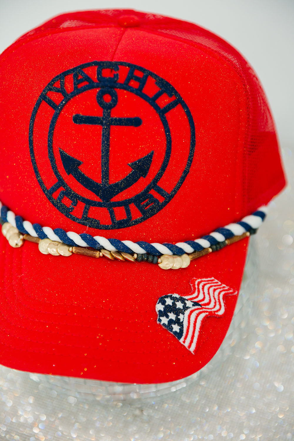 Cheers Beaches Trucker Hat: Red, White & Blue: Red Glitter