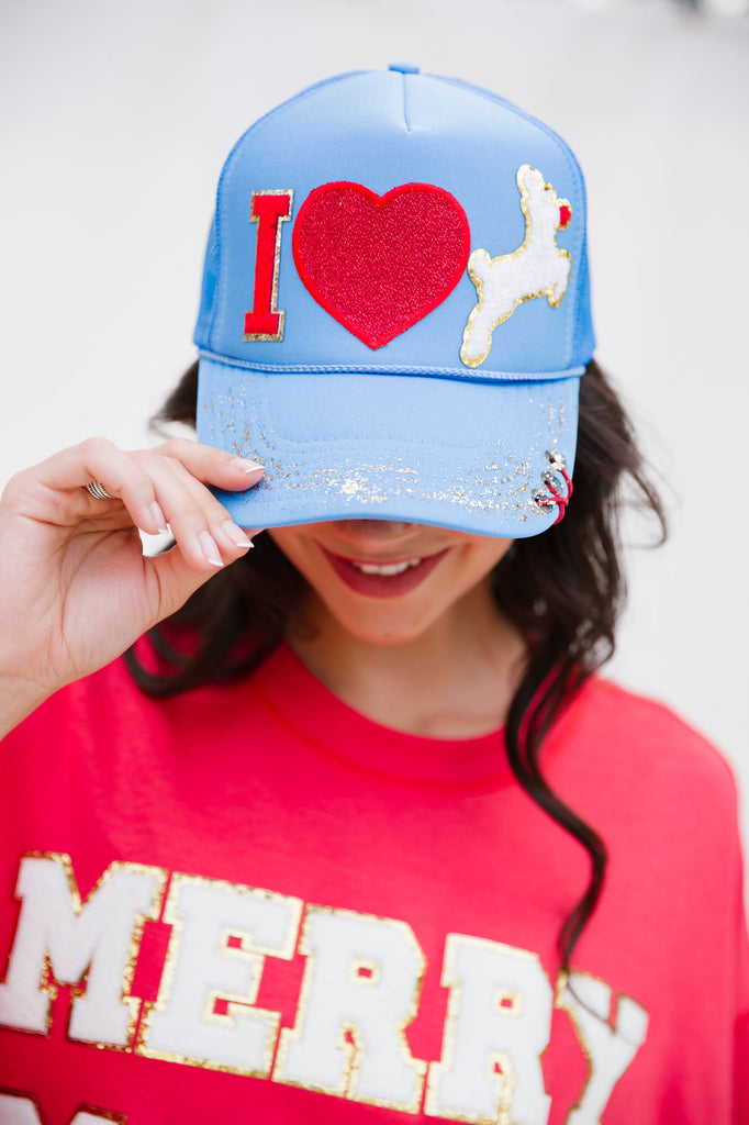 I HEART RUDOLPH BLUE TRUCKER HAT HAT Judith March   