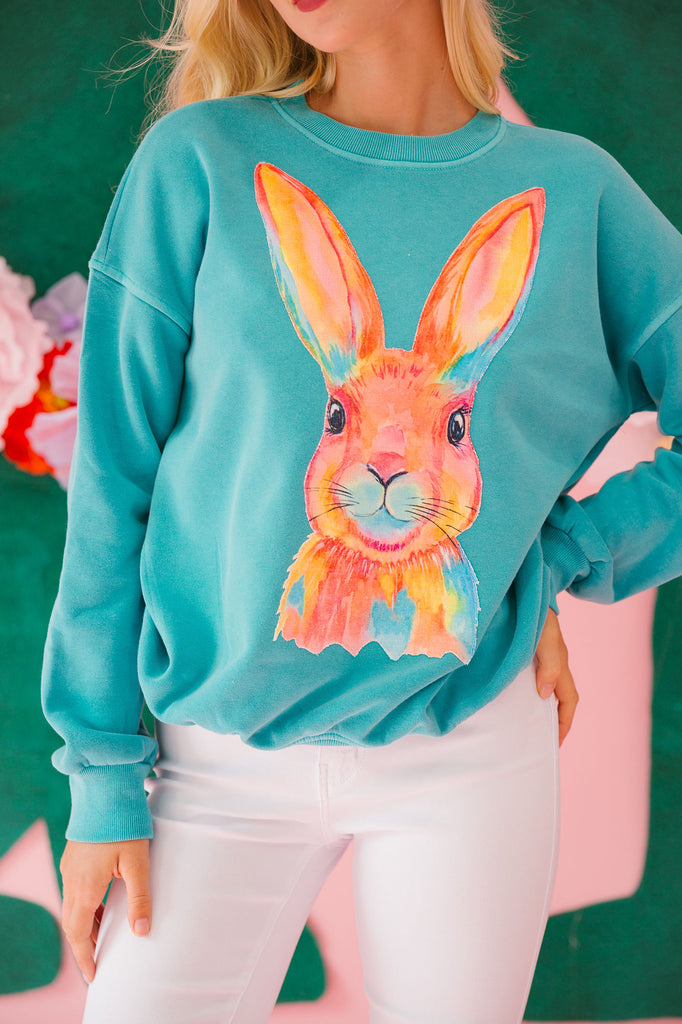 WATERCOLOR BUNNY TEAL PULLOVER PULLOVER Judith March