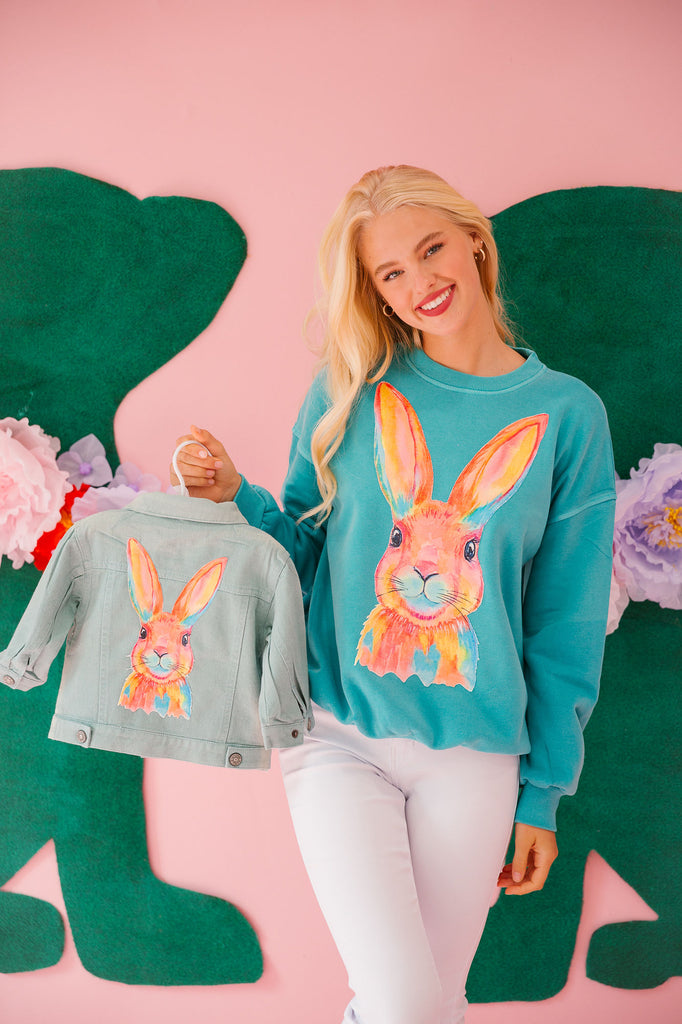 WATERCOLOR BUNNY TEAL PULLOVER PULLOVER Judith March