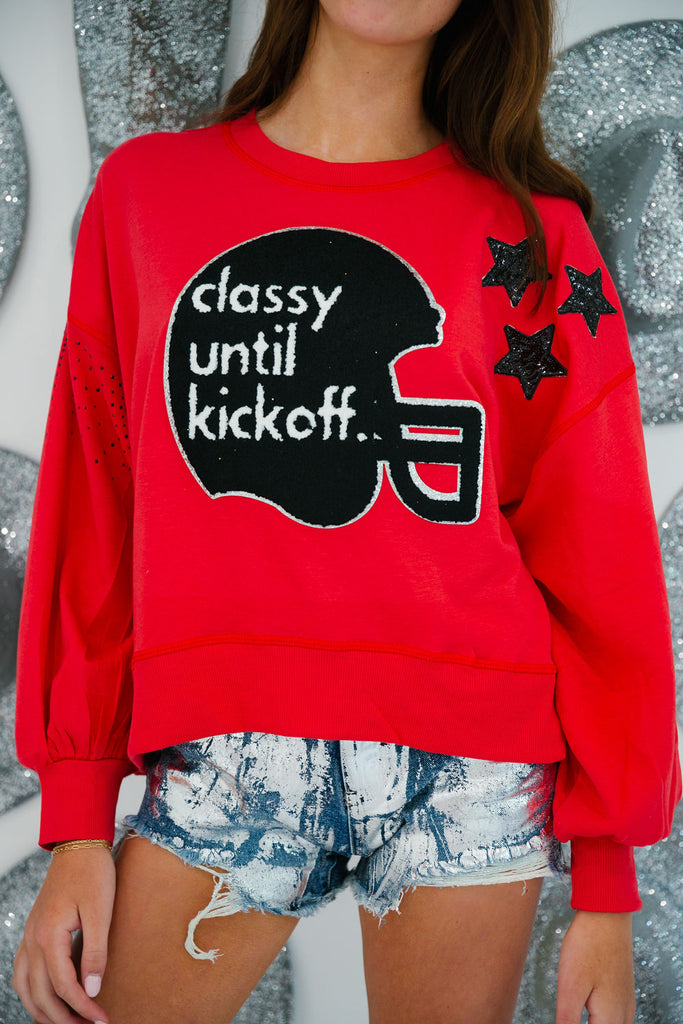 CLASSY UNTIL KICKOFF HELMET STAR PULLOVERS gameday23 Judith March SMALL RED WITH BLACK HELMET 