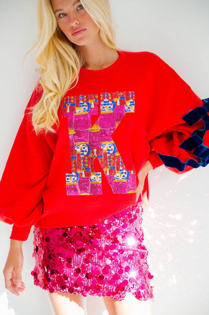 CUSTOM RED SEQUIN NUTCRACKER LETTER PULLOVER PULLOVER Judith March   