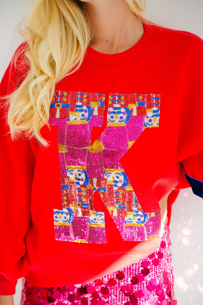 CUSTOM RED SEQUIN NUTCRACKER LETTER PULLOVER PULLOVER Judith March   