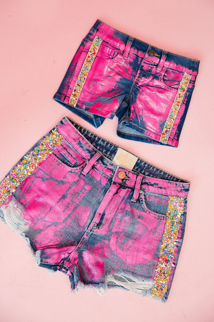 MINI KIDS PINK METALLIC DENIM SHORTS SHORTS Judith March