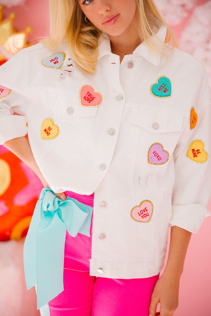 CANDY HEARTS WHITE DENIM JACKET* Coats & Jackets Judith March