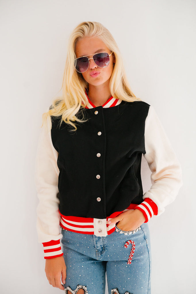 HOLLY JOLLY BLACK VARSITY JACKET JACKET Judith March   