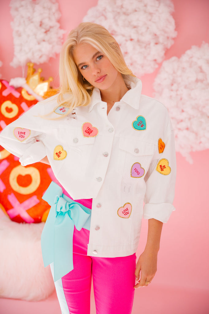 CANDY HEARTS WHITE DENIM JACKET* Coats & Jackets Judith March