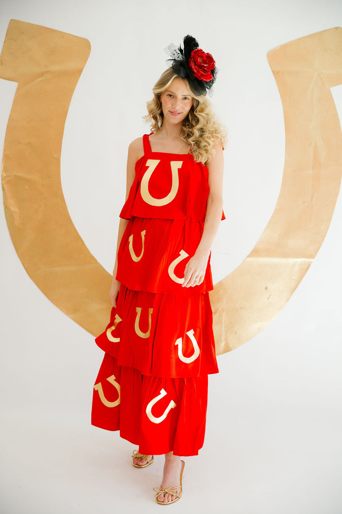 GOLDEN HORSESHOE RED MAXI DRESS DRESS Judith March