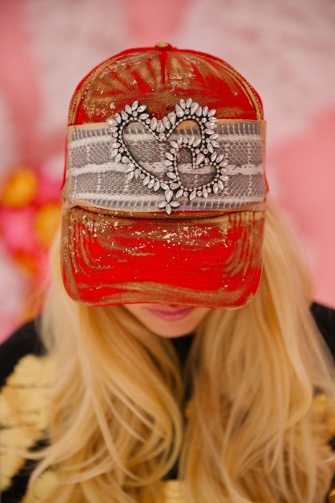 BEJEWELED HEART RED TRUCKER HAT HAT Judith March