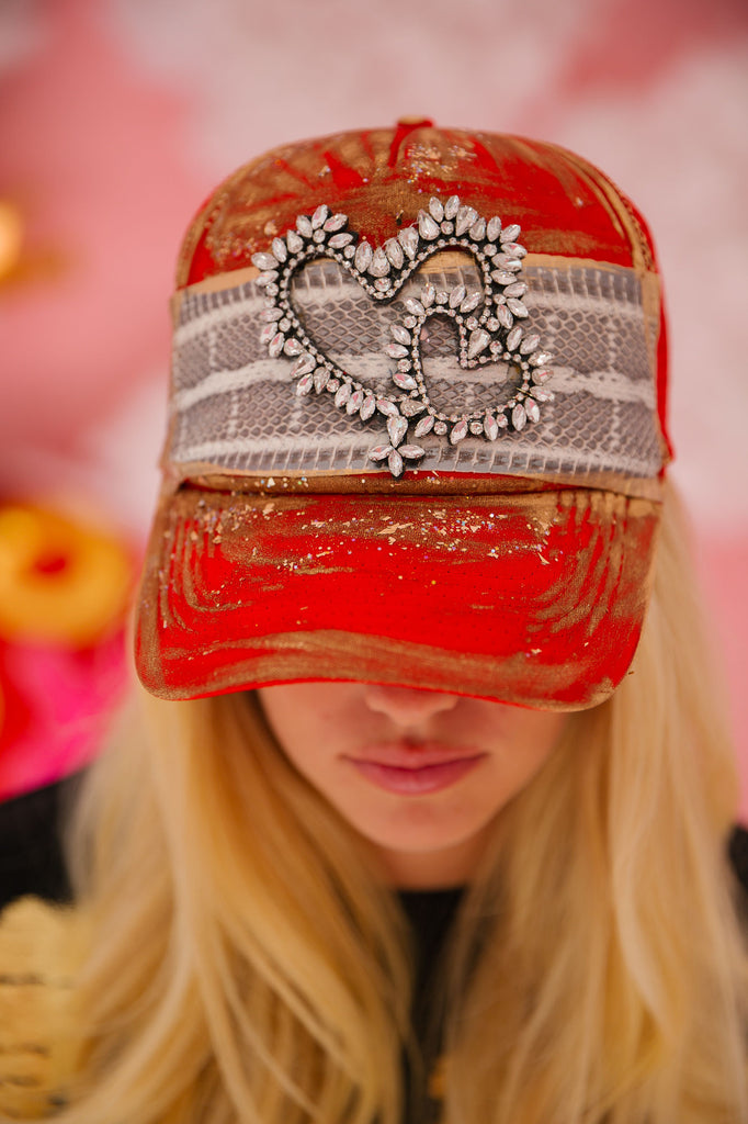 BEJEWELED HEART RED TRUCKER HAT HAT Judith March