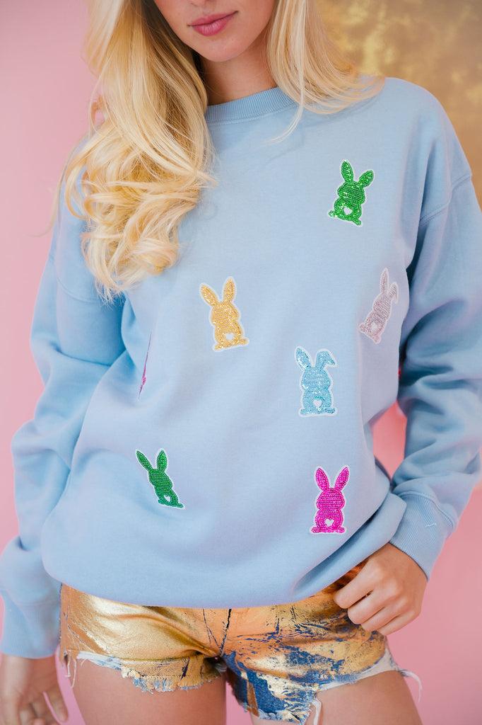 BUNNY PATCHES BLUE PULLOVER PULLOVER Judith March