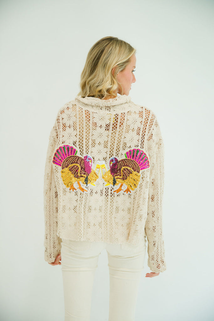 TURKEY CHEERS FLORAL BUTTON DOWN SWEATER Judith March   