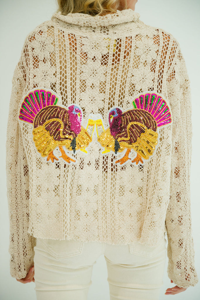 TURKEY CHEERS FLORAL BUTTON DOWN SWEATER Judith March   