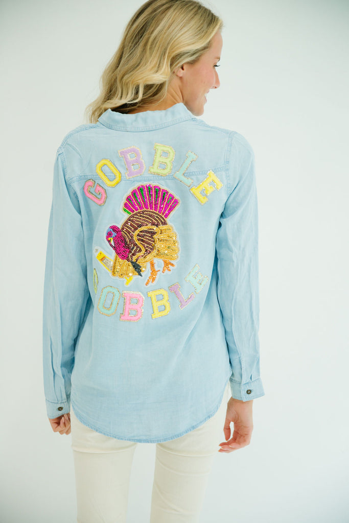 GOBBLE GOBBLE DENIM BUTTON DOWN SWEATER Judith March   