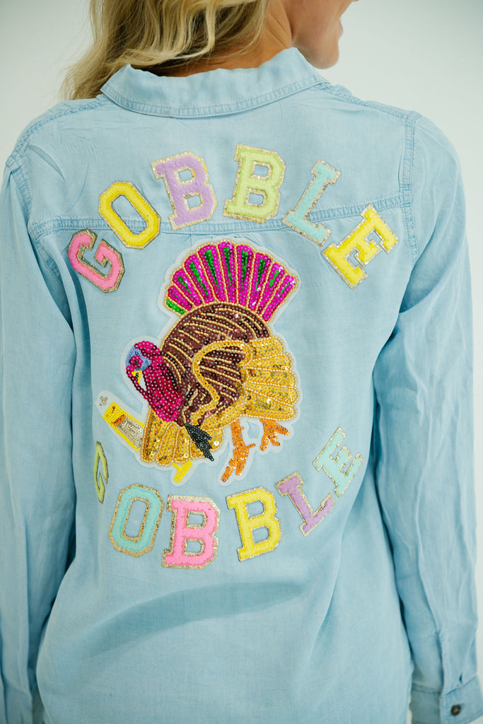 GOBBLE GOBBLE DENIM BUTTON DOWN SWEATER Judith March   