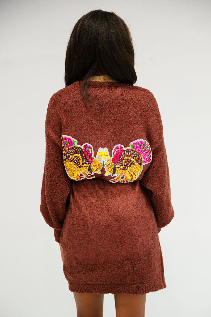 TURKEY CHEERS MOCHA CARDIGAN SWEATER Judith March   