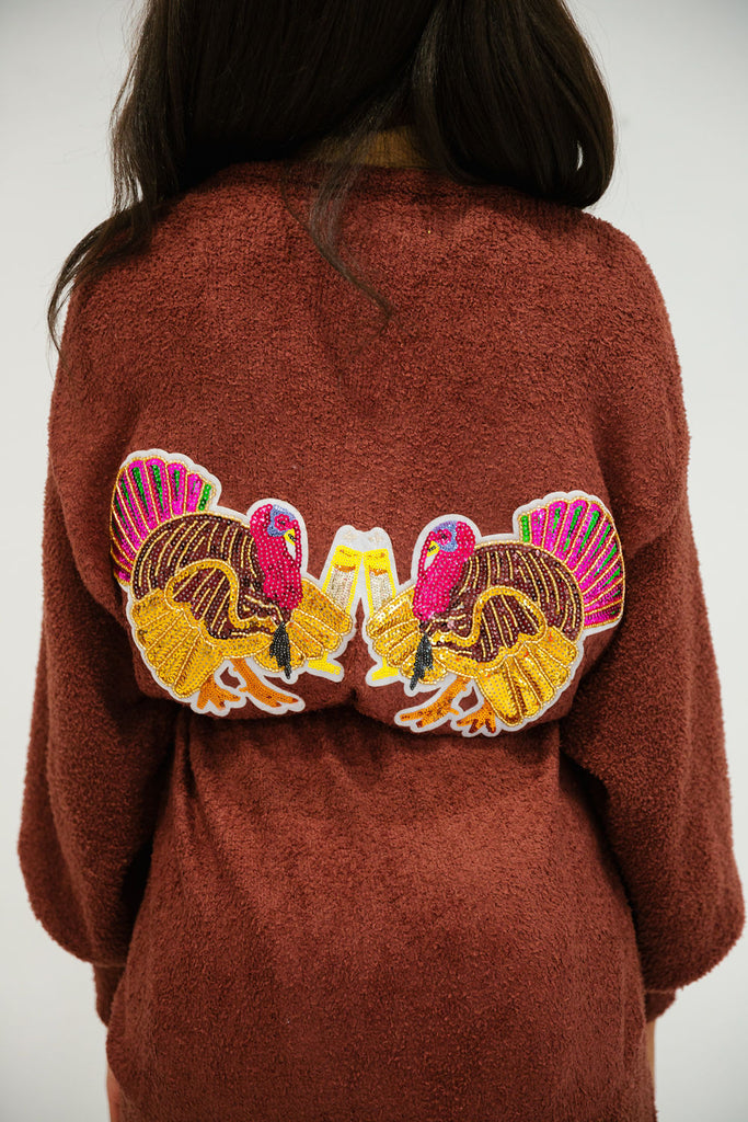 TURKEY CHEERS MOCHA CARDIGAN SWEATER Judith March   