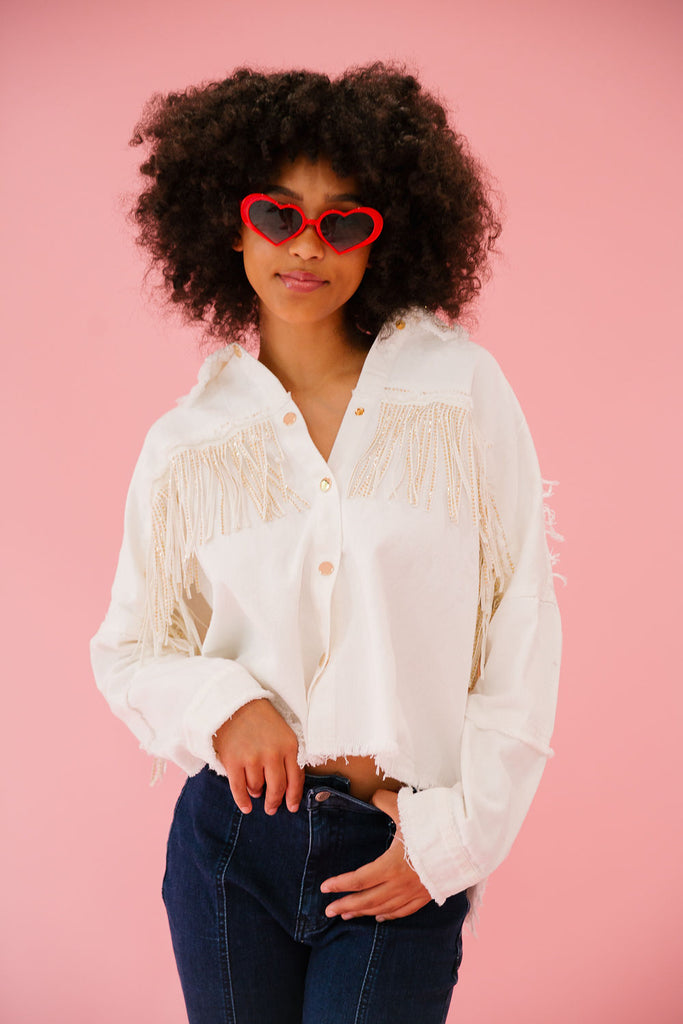 FLAG FRINGE WHITE DENIM JACKET JACKET Judith March   