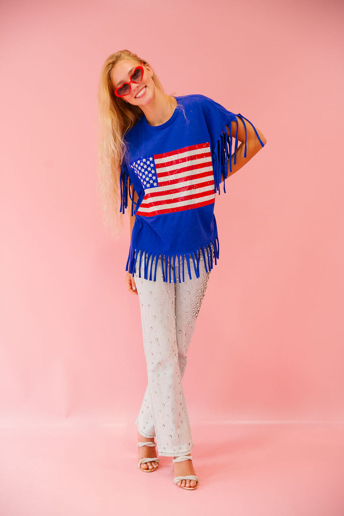 RHINESTONE FLAG ROYAL FRINGE TEE Tee Judith March   