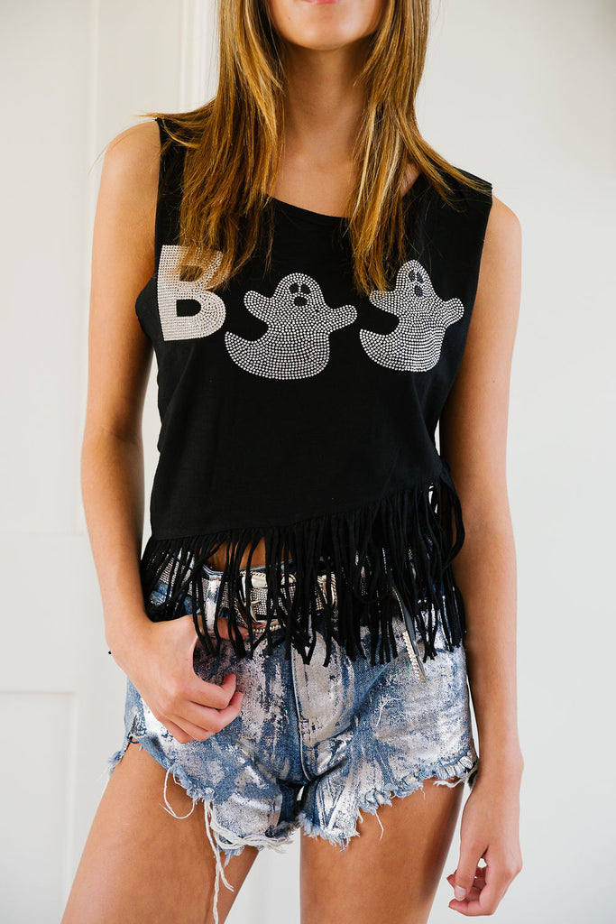 BOO BLACK FRINGE TANK* TOP Judith March