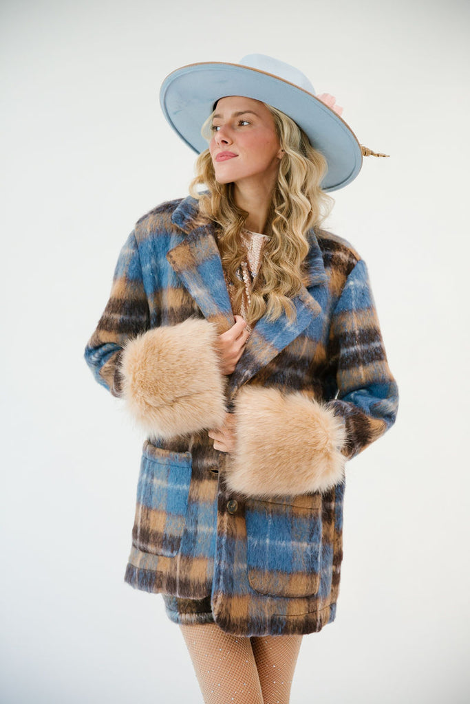 BLUE PLAID COAT WITH FUR Coats & Jackets Judith March   