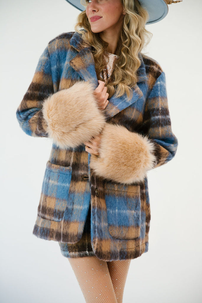 BLUE PLAID COAT WITH FUR Coats & Jackets Judith March   