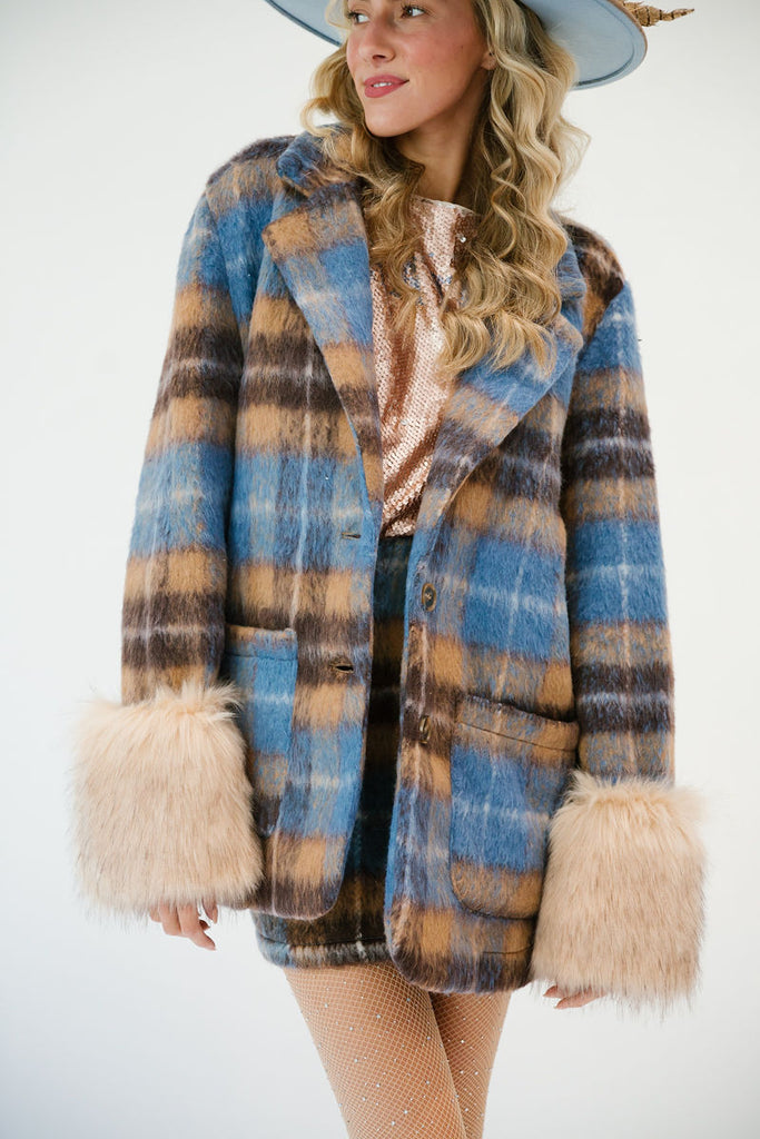 BLUE PLAID COAT WITH FUR Coats & Jackets Judith March   