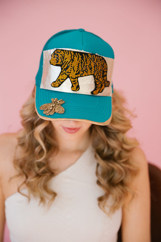 SNAKE SKIN TIGER TEAL BEE TRUCKER HAT TRUCKER HAT Judith March