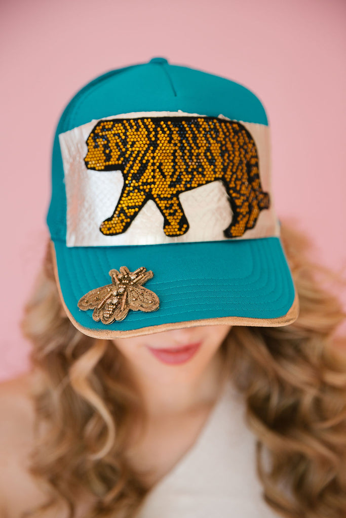 SNAKE SKIN TIGER TEAL BEE TRUCKER HAT TRUCKER HAT Judith March