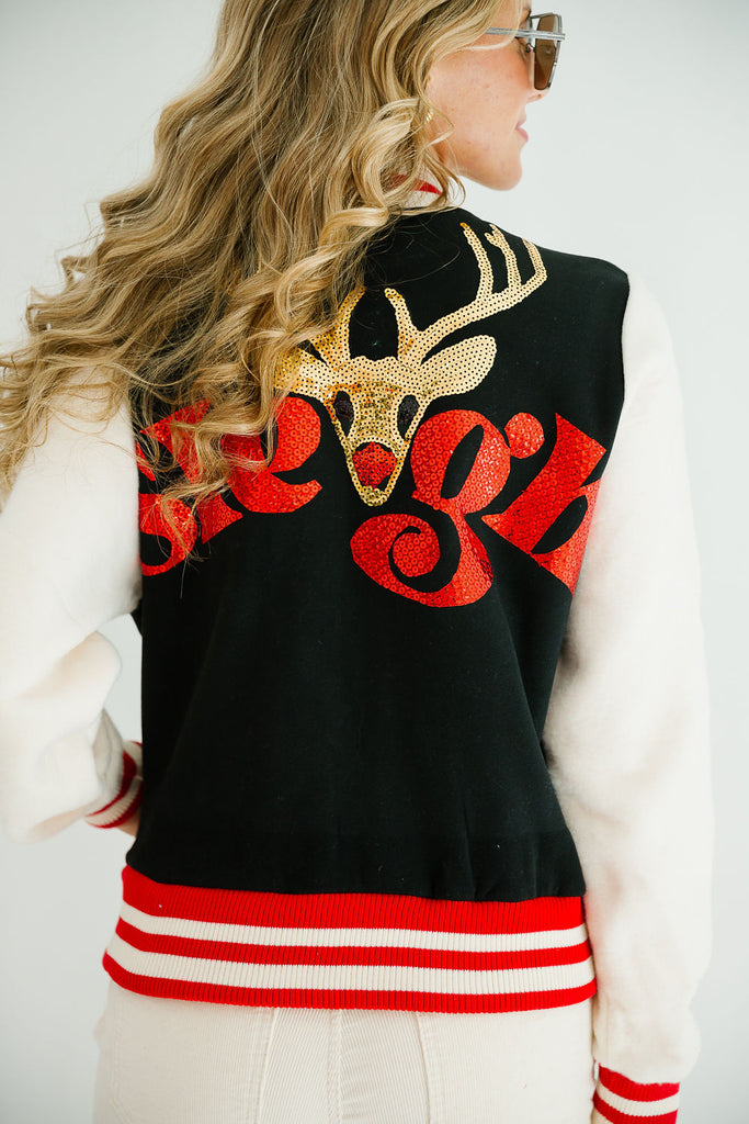 REINDEER SLEIGH BLACK VARSITY JACKET JACKET Judith March   