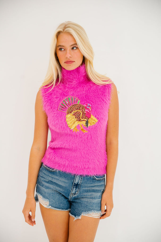 TURKEY PINK FUZZY VEST SWEATER Judith March   