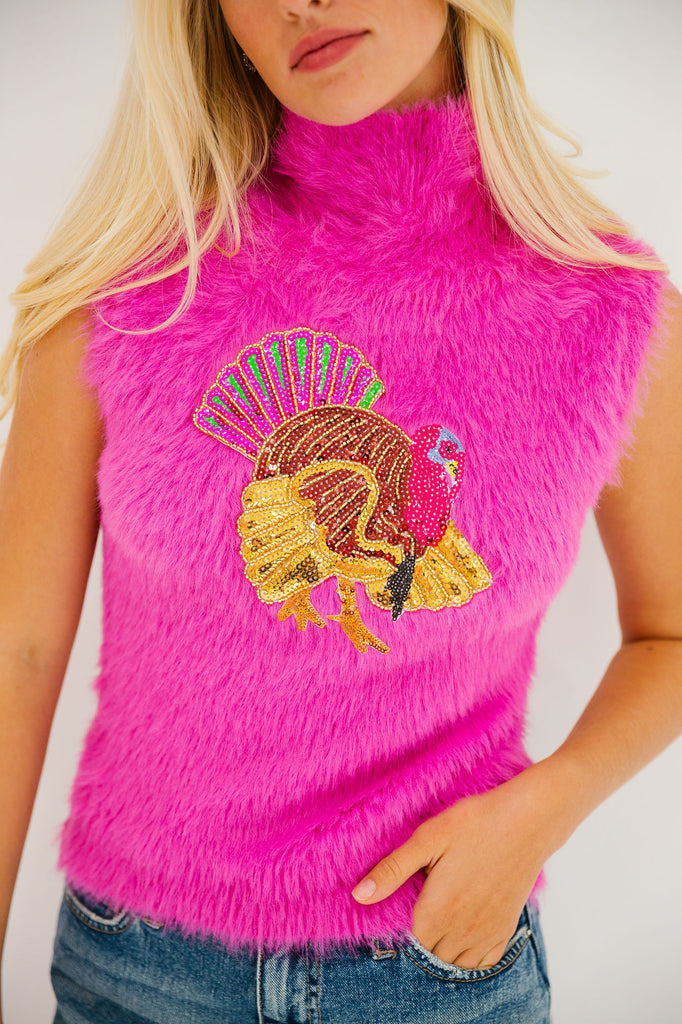 TURKEY PINK FUZZY VEST SWEATER Judith March   