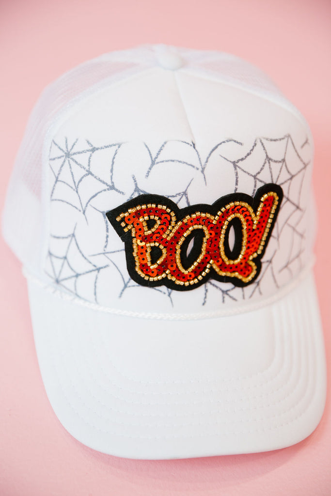 BOO! SPOOKY WHITE TRUCKER HAT TRUCKER HAT Judith March   