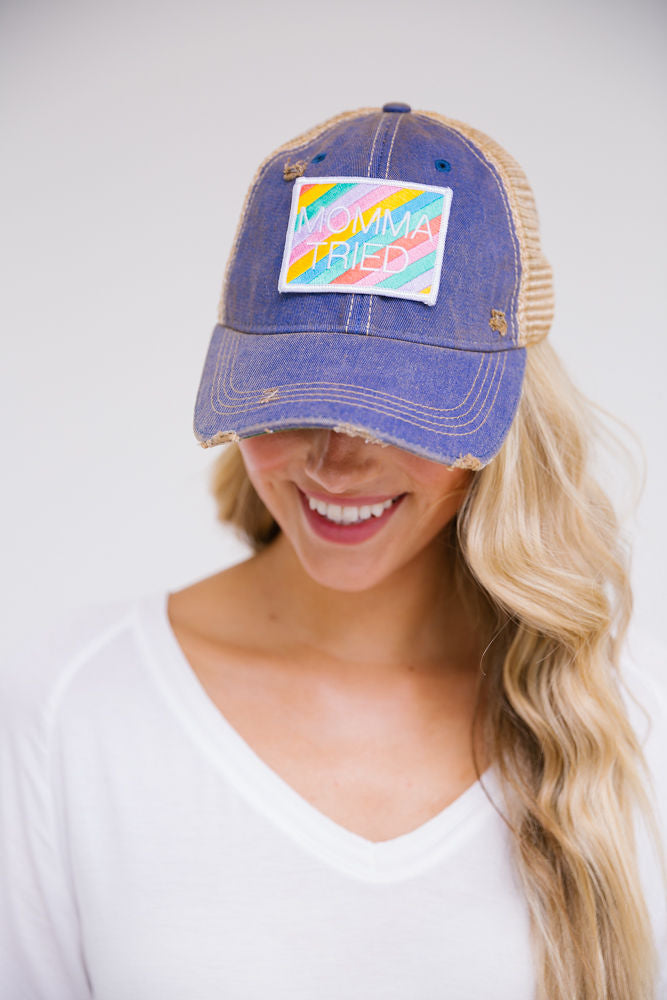 MAMA TRIED STRIPED PATCH HAT HAT Judith March DENIM DISTRESSED  